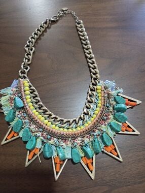 Boho Statement Necklace with Turquoise, Yellow & Orange Accents